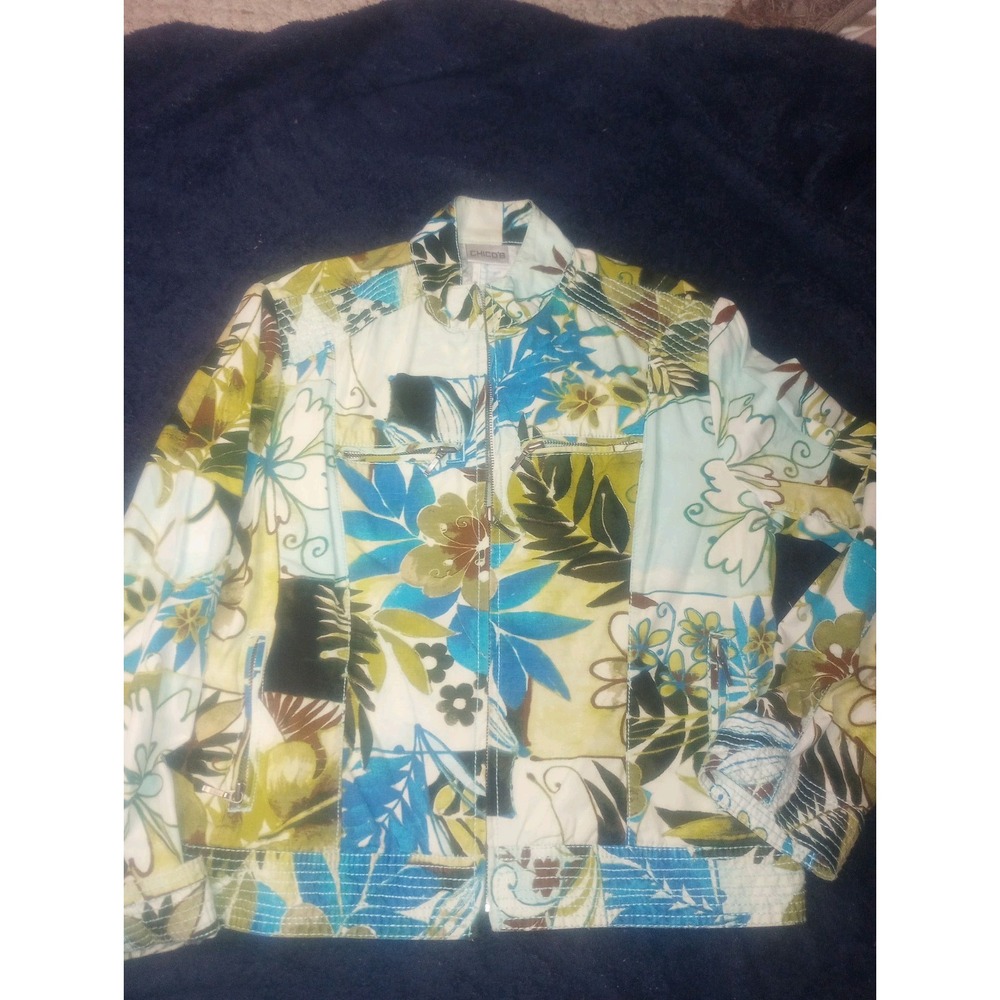 Chicos Retro Boho Full Zip Tropical Jacket Size 1 Cotton Multicolor
